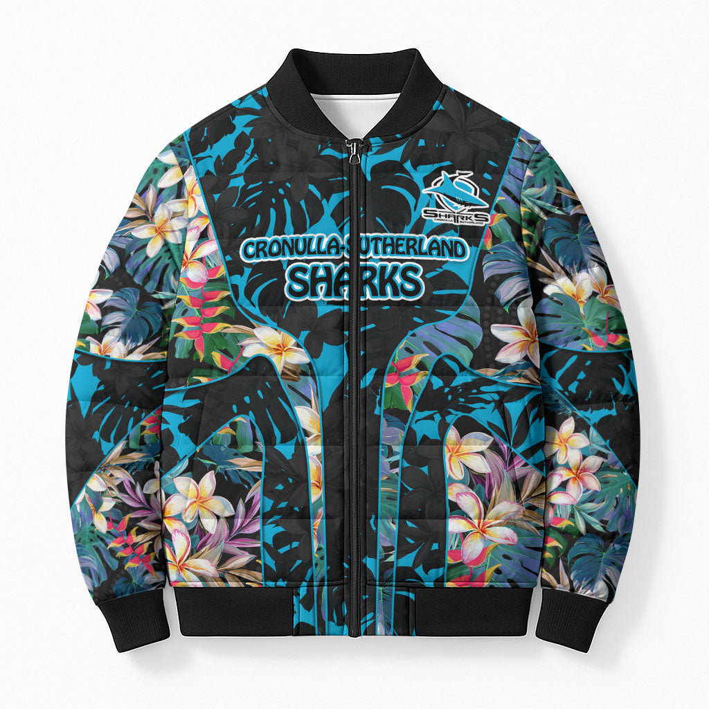 Cronulla-Sutherland Sharks Bomber Puffer Jacket Tropical Island Floral Pattern With Black And Blue Accents