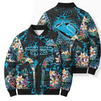 Cronulla-Sutherland Sharks Bomber Puffer Jacket Tropical Island Floral Pattern With Black And Blue Accents