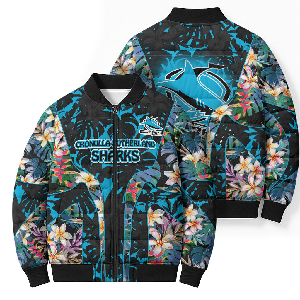 Cronulla-Sutherland Sharks Bomber Puffer Jacket Tropical Island Floral Pattern With Black And Blue Accents