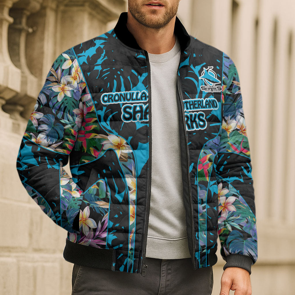 Cronulla-Sutherland Sharks Bomber Puffer Jacket Tropical Island Floral Pattern With Black And Blue Accents
