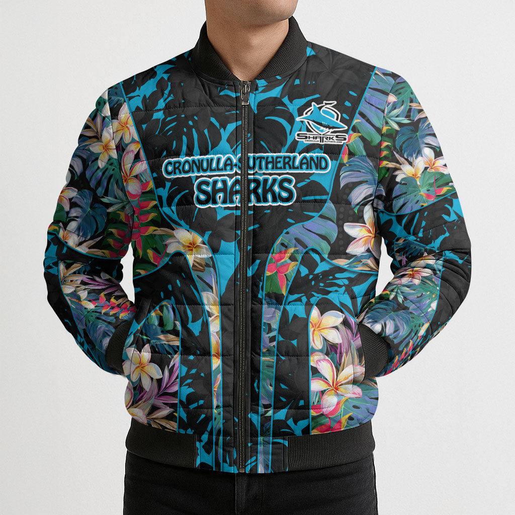 Cronulla-Sutherland Sharks Bomber Puffer Jacket Tropical Island Floral Pattern With Black And Blue Accents