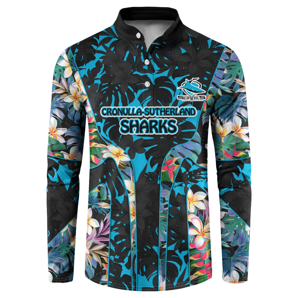 Cronulla-Sutherland Sharks Button Sweatshirt Tropical Island Floral Pattern With Black And Blue Accents