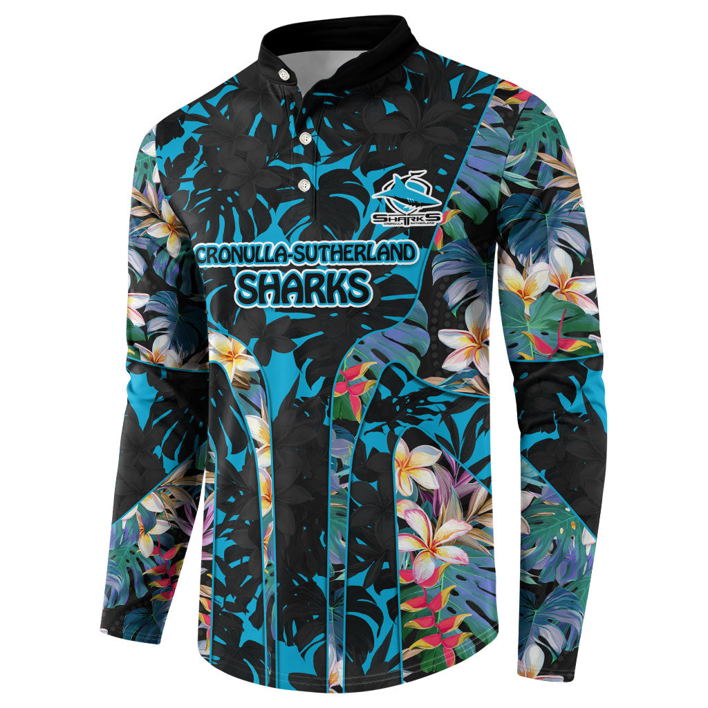 Cronulla-Sutherland Sharks Button Sweatshirt Tropical Island Floral Pattern With Black And Blue Accents