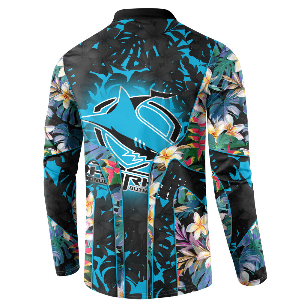 Cronulla-Sutherland Sharks Button Sweatshirt Tropical Island Floral Pattern With Black And Blue Accents