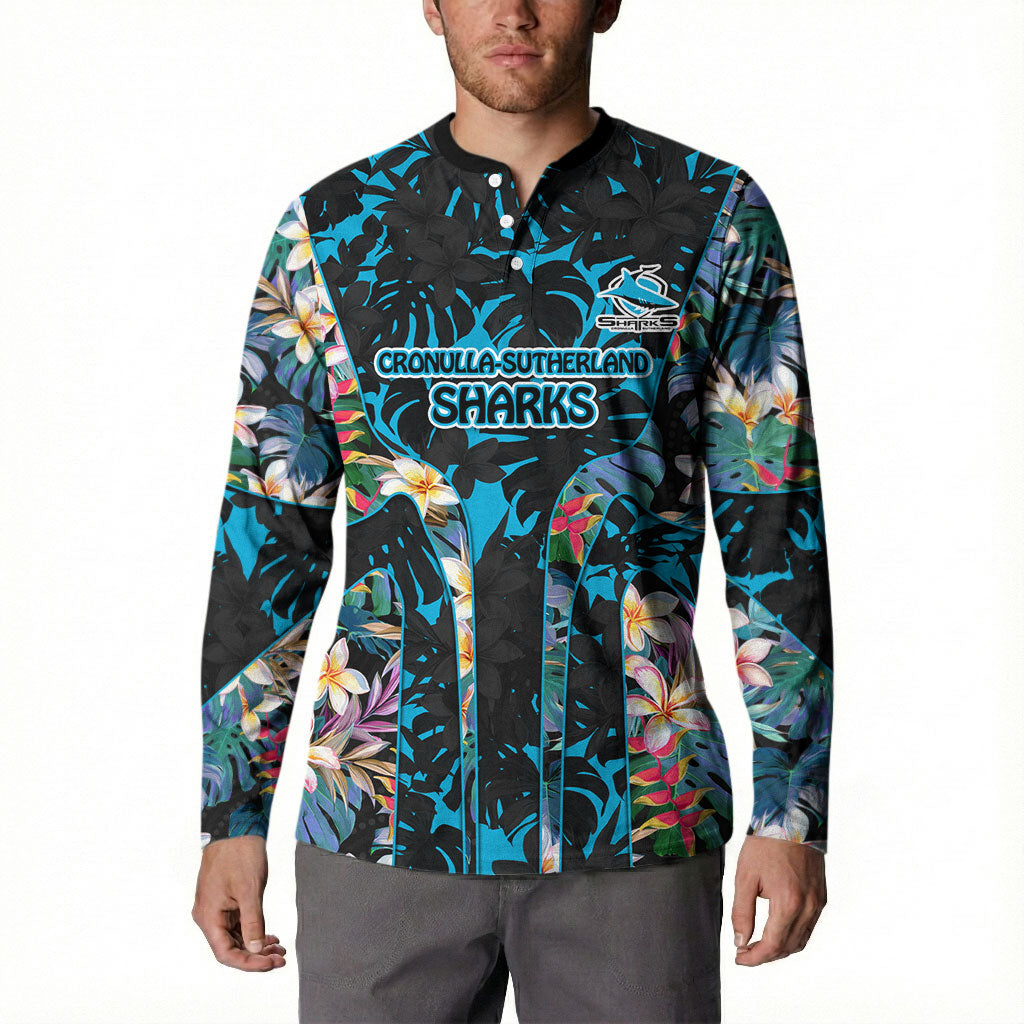 Cronulla-Sutherland Sharks Button Sweatshirt Tropical Island Floral Pattern With Black And Blue Accents