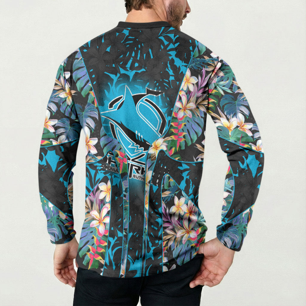 Cronulla-Sutherland Sharks Button Sweatshirt Tropical Island Floral Pattern With Black And Blue Accents