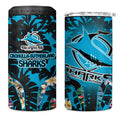 Cronulla-Sutherland Sharks 4 in 1 Can Cooler Tumbler Tropical Island Floral Pattern With Black And Blue Accents