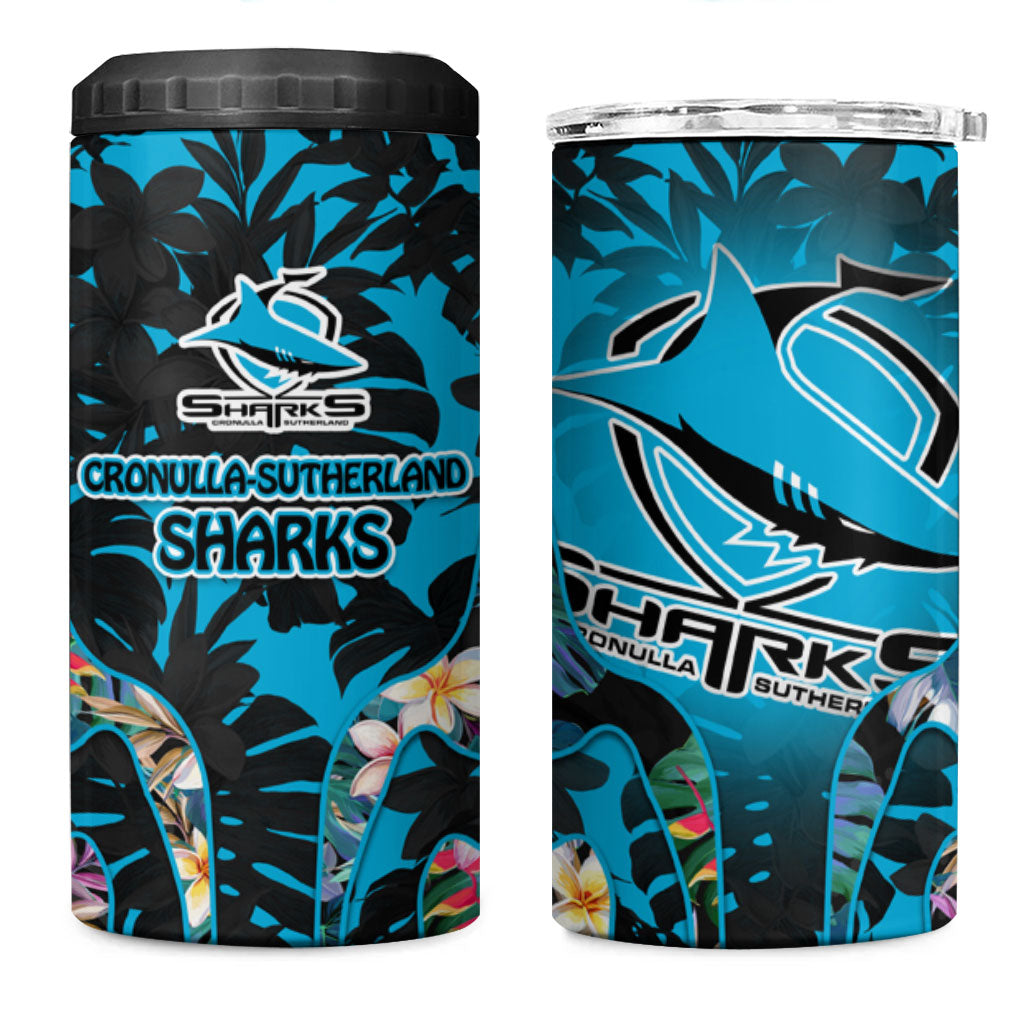 Cronulla-Sutherland Sharks 4 in 1 Can Cooler Tumbler Tropical Island Floral Pattern With Black And Blue Accents