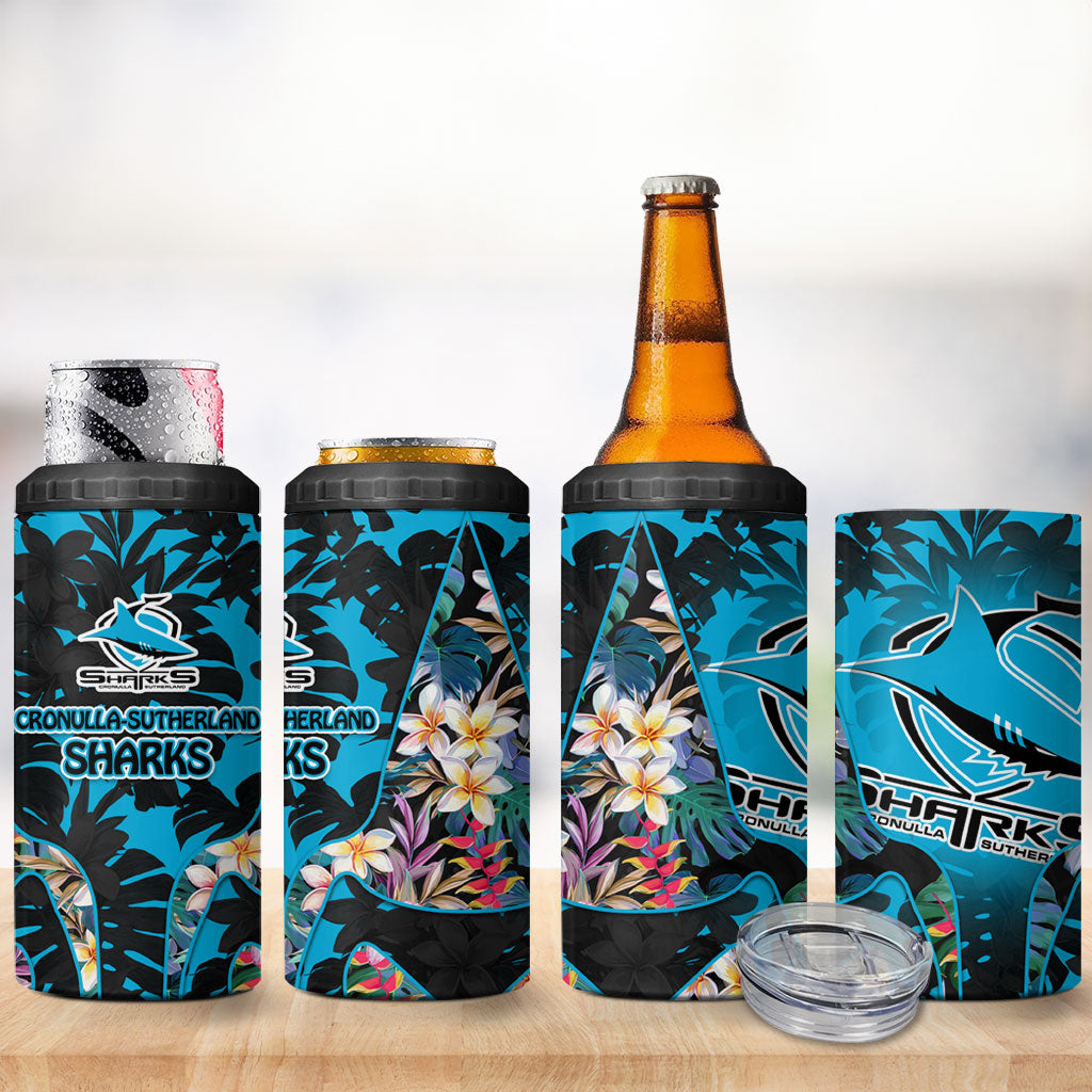 Cronulla-Sutherland Sharks 4 in 1 Can Cooler Tumbler Tropical Island Floral Pattern With Black And Blue Accents
