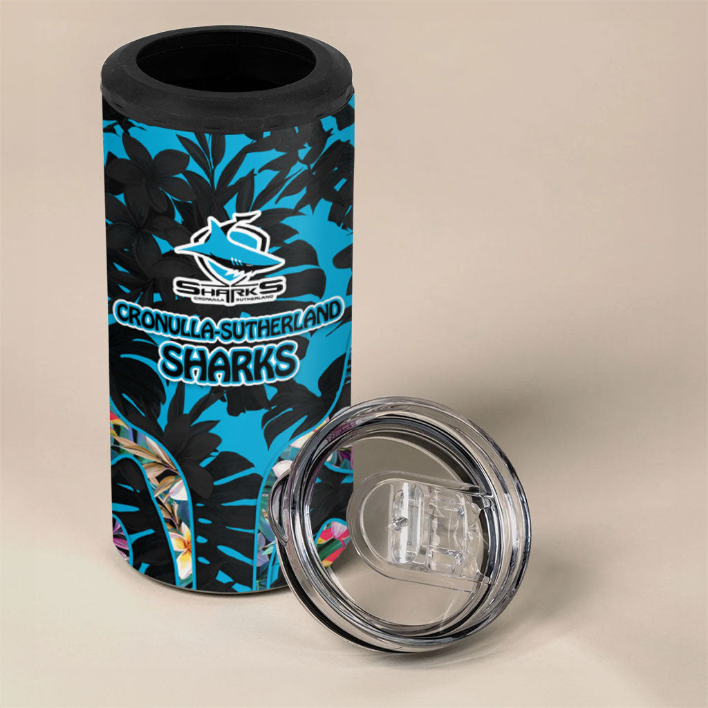 Cronulla-Sutherland Sharks 4 in 1 Can Cooler Tumbler Tropical Island Floral Pattern With Black And Blue Accents