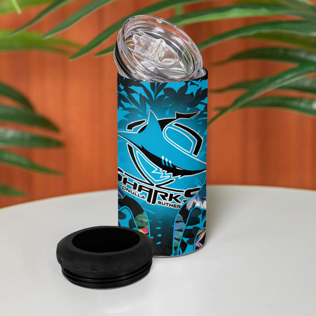 Cronulla-Sutherland Sharks 4 in 1 Can Cooler Tumbler Tropical Island Floral Pattern With Black And Blue Accents