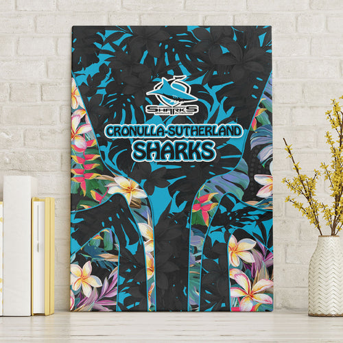 Cronulla-Sutherland Sharks Canvas Wall Art Tropical Island Floral Pattern With Black And Blue Accents