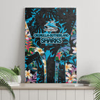 Cronulla-Sutherland Sharks Canvas Wall Art Tropical Island Floral Pattern With Black And Blue Accents