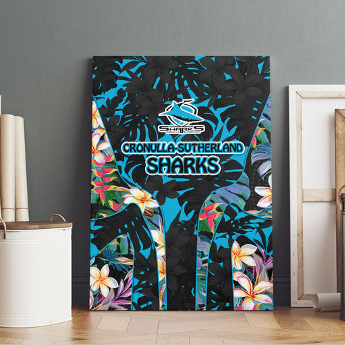 Cronulla-Sutherland Sharks Canvas Wall Art Tropical Island Floral Pattern With Black And Blue Accents