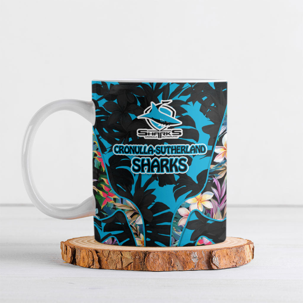 Cronulla-Sutherland Sharks Ceramic Mug Tropical Island Floral Pattern With Black And Blue Accents