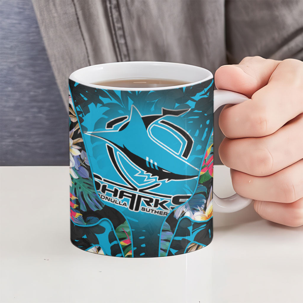 Cronulla-Sutherland Sharks Ceramic Mug Tropical Island Floral Pattern With Black And Blue Accents