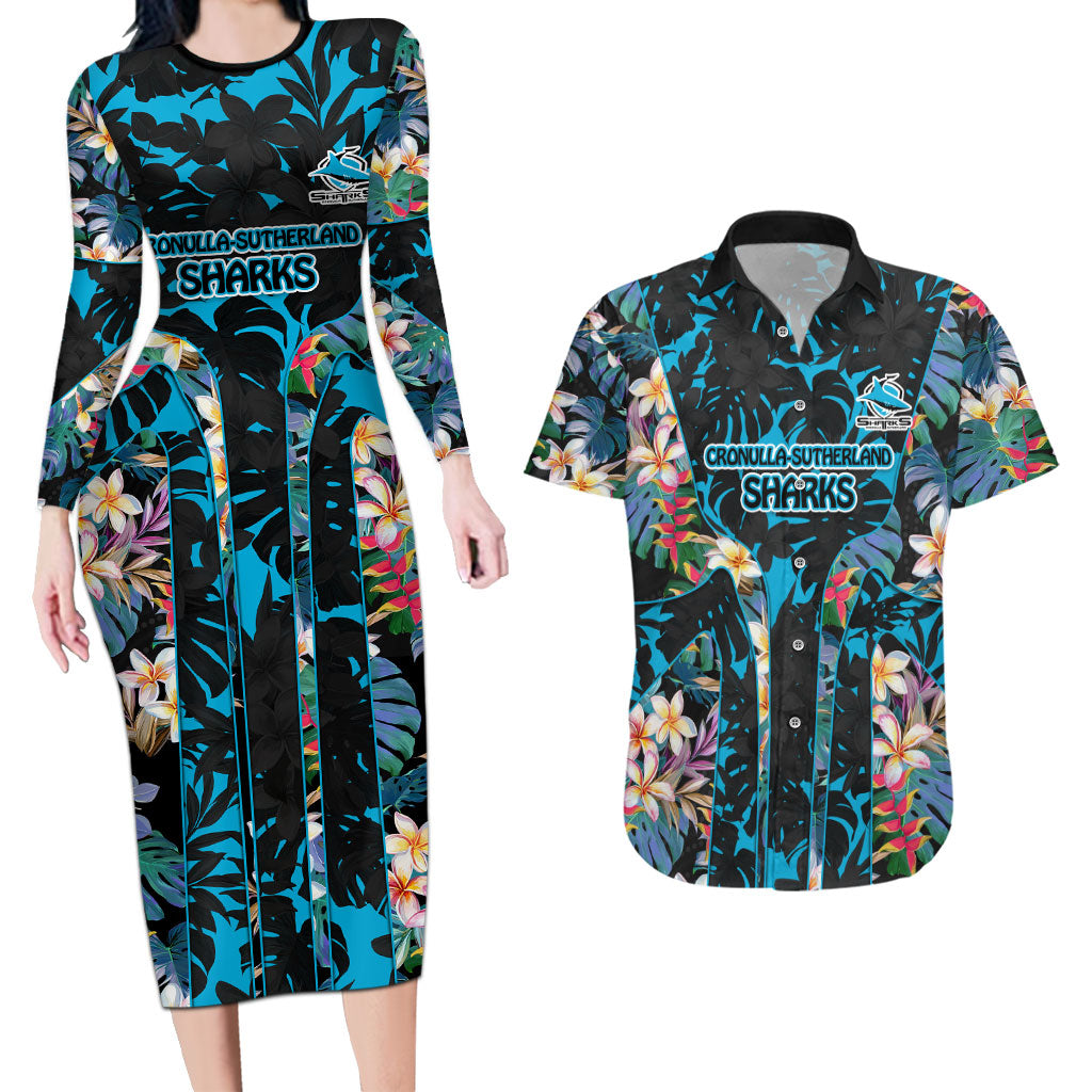 Cronulla-Sutherland Sharks Couples Matching Long Sleeve Bodycon Dress and Hawaiian Shirt Tropical Island Floral Pattern With Black And Blue Accents
