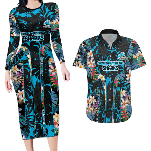 Cronulla-Sutherland Sharks Couples Matching Long Sleeve Bodycon Dress and Hawaiian Shirt Tropical Island Floral Pattern With Black And Blue Accents