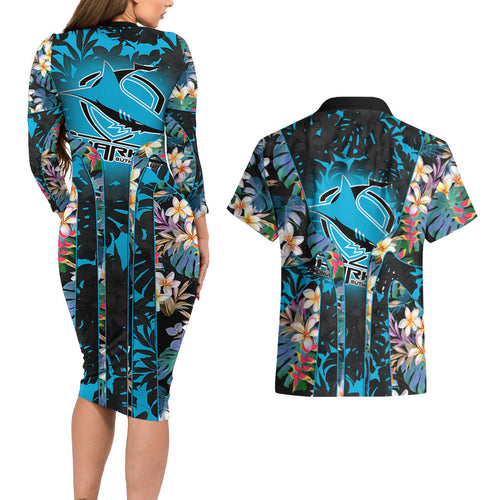 Cronulla-Sutherland Sharks Couples Matching Long Sleeve Bodycon Dress and Hawaiian Shirt Tropical Island Floral Pattern With Black And Blue Accents