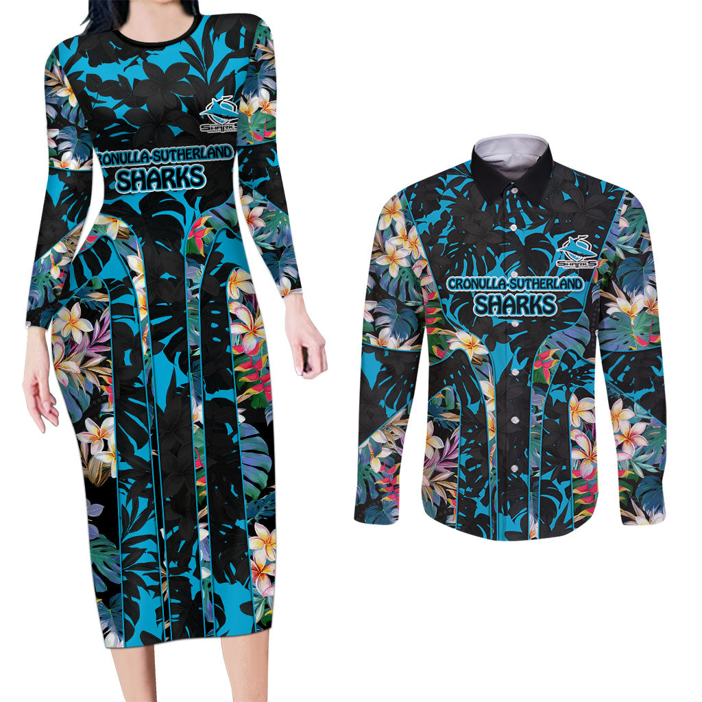 Cronulla-Sutherland Sharks Couples Matching Long Sleeve Bodycon Dress and Long Sleeve Button Shirt Tropical Island Floral Pattern With Black And Blue Accents