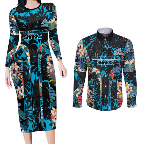 Cronulla-Sutherland Sharks Couples Matching Long Sleeve Bodycon Dress and Long Sleeve Button Shirt Tropical Island Floral Pattern With Black And Blue Accents