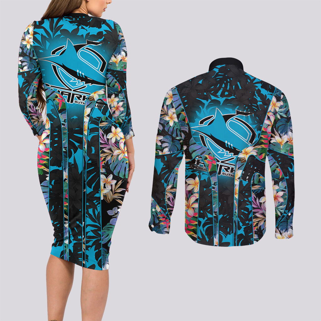 Cronulla-Sutherland Sharks Couples Matching Long Sleeve Bodycon Dress and Long Sleeve Button Shirt Tropical Island Floral Pattern With Black And Blue Accents