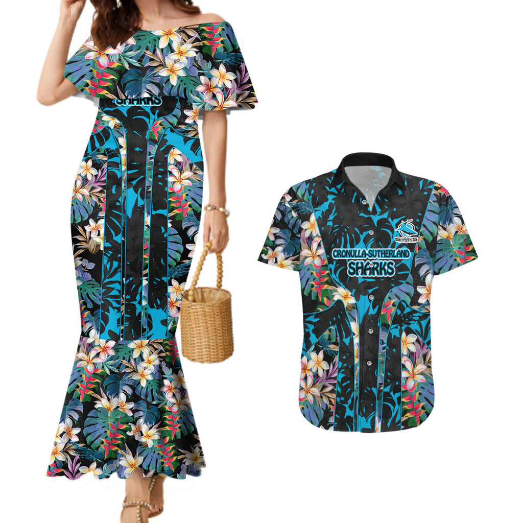 Cronulla-Sutherland Sharks Couples Matching Mermaid Dress and Hawaiian Shirt Tropical Island Floral Pattern With Black And Blue Accents