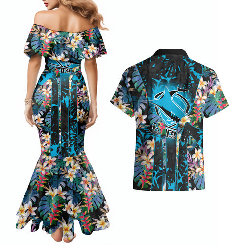 Cronulla-Sutherland Sharks Couples Matching Mermaid Dress and Hawaiian Shirt Tropical Island Floral Pattern With Black And Blue Accents