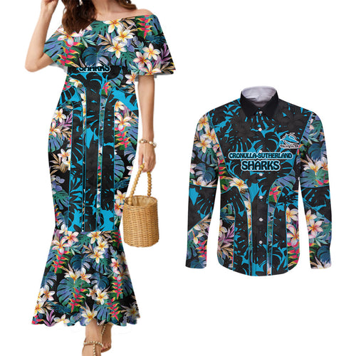 Cronulla-Sutherland Sharks Couples Matching Mermaid Dress and Long Sleeve Button Shirt Tropical Island Floral Pattern With Black And Blue Accents