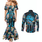Cronulla-Sutherland Sharks Couples Matching Mermaid Dress and Long Sleeve Button Shirt Tropical Island Floral Pattern With Black And Blue Accents