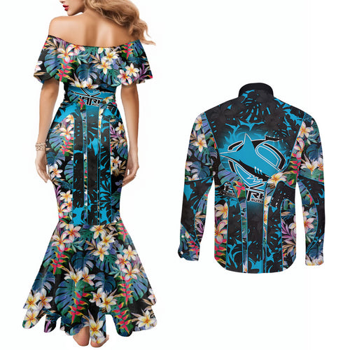 Cronulla-Sutherland Sharks Couples Matching Mermaid Dress and Long Sleeve Button Shirt Tropical Island Floral Pattern With Black And Blue Accents