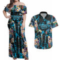 Cronulla-Sutherland Sharks Couples Matching Off Shoulder Maxi Dress and Hawaiian Shirt Tropical Island Floral Pattern With Black And Blue Accents