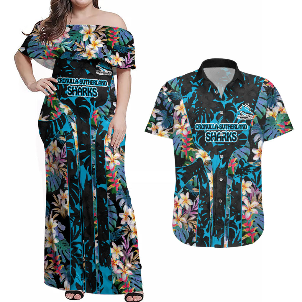 Cronulla-Sutherland Sharks Couples Matching Off Shoulder Maxi Dress and Hawaiian Shirt Tropical Island Floral Pattern With Black And Blue Accents