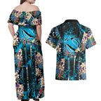 Cronulla-Sutherland Sharks Couples Matching Off Shoulder Maxi Dress and Hawaiian Shirt Tropical Island Floral Pattern With Black And Blue Accents
