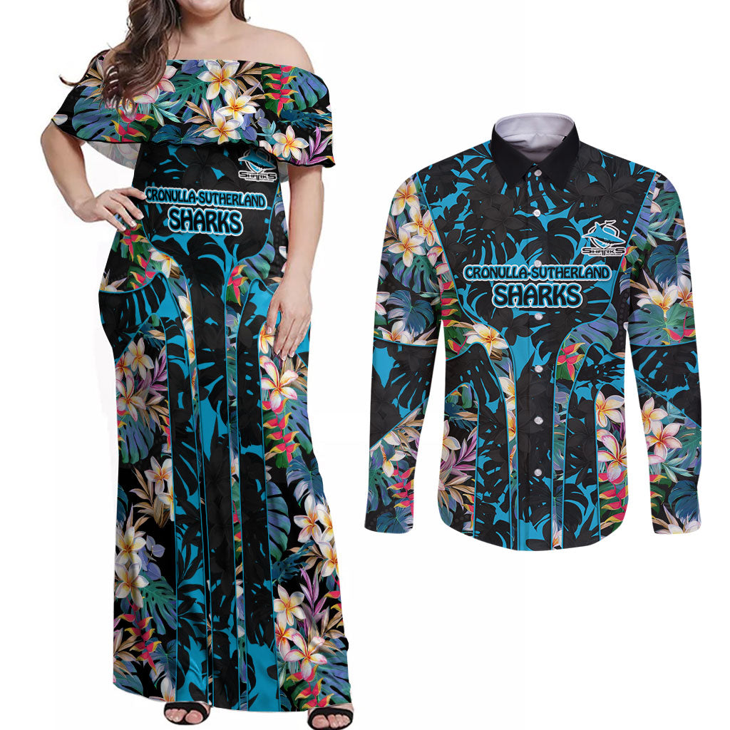 Cronulla-Sutherland Sharks Couples Matching Off Shoulder Maxi Dress and Long Sleeve Button Shirt Tropical Island Floral Pattern With Black And Blue Accents