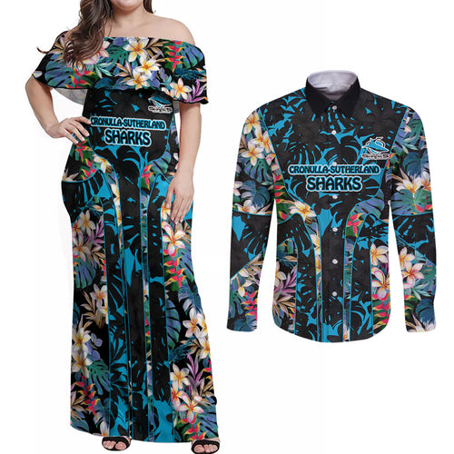 Cronulla-Sutherland Sharks Couples Matching Off Shoulder Maxi Dress and Long Sleeve Button Shirt Tropical Island Floral Pattern With Black And Blue Accents