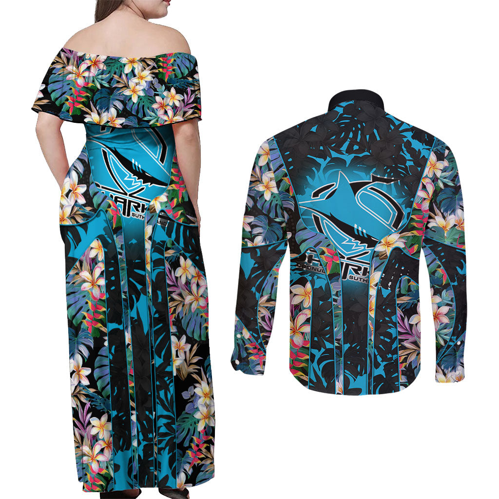 Cronulla-Sutherland Sharks Couples Matching Off Shoulder Maxi Dress and Long Sleeve Button Shirt Tropical Island Floral Pattern With Black And Blue Accents