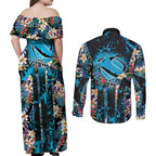 Cronulla-Sutherland Sharks Couples Matching Off Shoulder Maxi Dress and Long Sleeve Button Shirt Tropical Island Floral Pattern With Black And Blue Accents