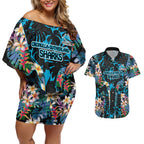 Cronulla-Sutherland Sharks Couples Matching Off Shoulder Short Dress and Hawaiian Shirt Tropical Island Floral Pattern With Black And Blue Accents