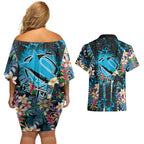Cronulla-Sutherland Sharks Couples Matching Off Shoulder Short Dress and Hawaiian Shirt Tropical Island Floral Pattern With Black And Blue Accents