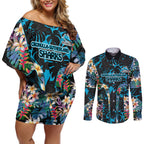 Cronulla-Sutherland Sharks Couples Matching Off Shoulder Short Dress and Long Sleeve Button Shirt Tropical Island Floral Pattern With Black And Blue Accents