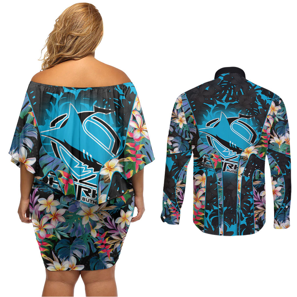 Cronulla-Sutherland Sharks Couples Matching Off Shoulder Short Dress and Long Sleeve Button Shirt Tropical Island Floral Pattern With Black And Blue Accents