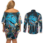 Cronulla-Sutherland Sharks Couples Matching Off Shoulder Short Dress and Long Sleeve Button Shirt Tropical Island Floral Pattern With Black And Blue Accents