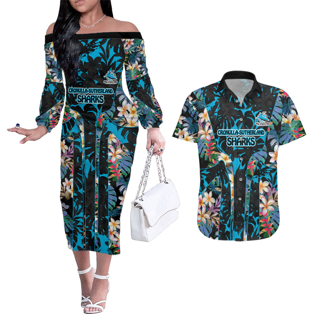 Cronulla-Sutherland Sharks Couples Matching Off The Shoulder Long Sleeve Dress and Hawaiian Shirt Tropical Island Floral Pattern With Black And Blue Accents