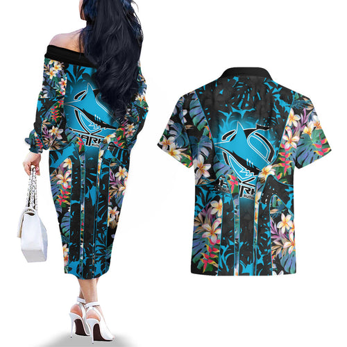Cronulla-Sutherland Sharks Couples Matching Off The Shoulder Long Sleeve Dress and Hawaiian Shirt Tropical Island Floral Pattern With Black And Blue Accents