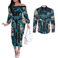 Cronulla-Sutherland Sharks Couples Matching Off The Shoulder Long Sleeve Dress and Long Sleeve Button Shirt Tropical Island Floral Pattern With Black And Blue Accents
