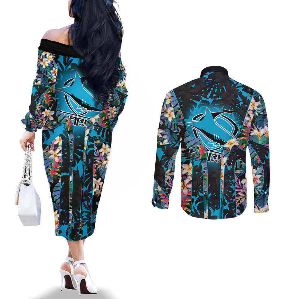 Cronulla-Sutherland Sharks Couples Matching Off The Shoulder Long Sleeve Dress and Long Sleeve Button Shirt Tropical Island Floral Pattern With Black And Blue Accents