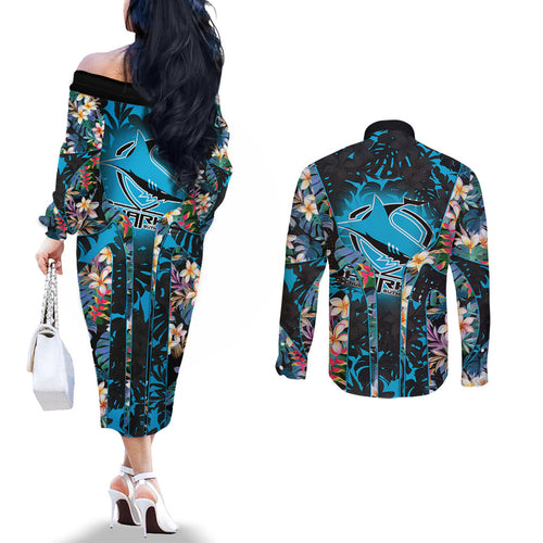 Cronulla-Sutherland Sharks Couples Matching Off The Shoulder Long Sleeve Dress and Long Sleeve Button Shirt Tropical Island Floral Pattern With Black And Blue Accents