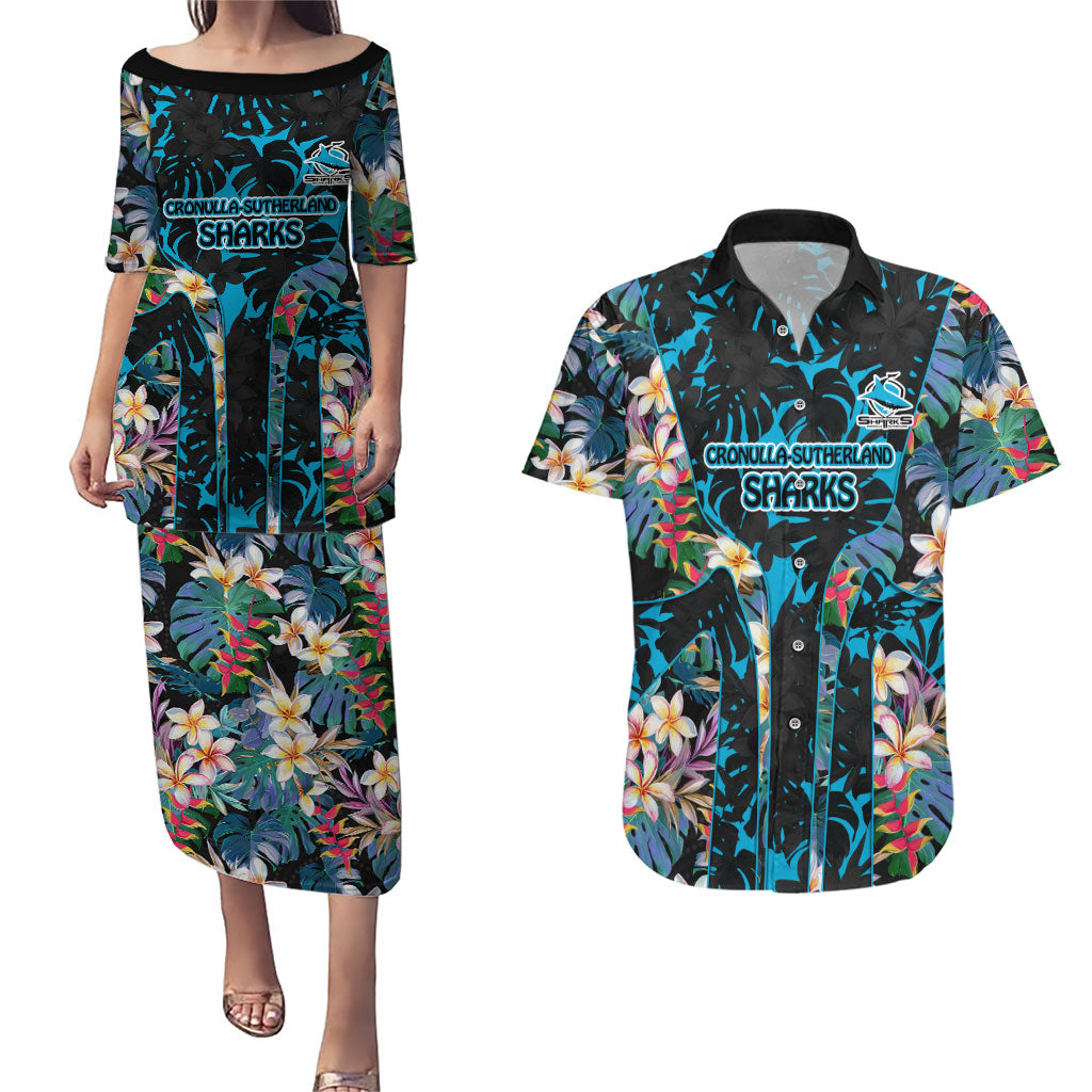 Cronulla-Sutherland Sharks Couples Matching Puletasi and Hawaiian Shirt Tropical Island Floral Pattern With Black And Blue Accents