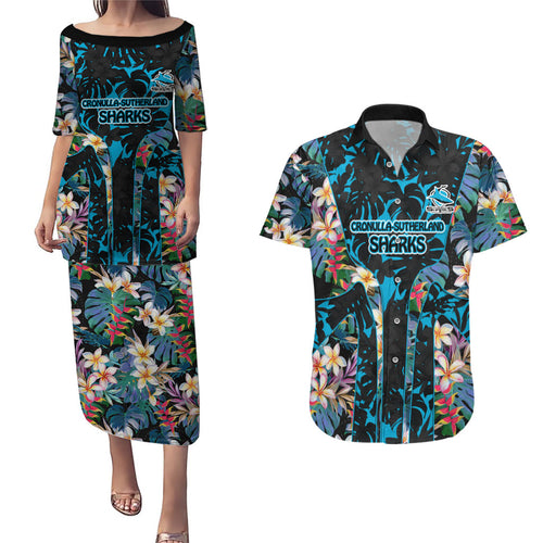 Cronulla-Sutherland Sharks Couples Matching Puletasi and Hawaiian Shirt Tropical Island Floral Pattern With Black And Blue Accents
